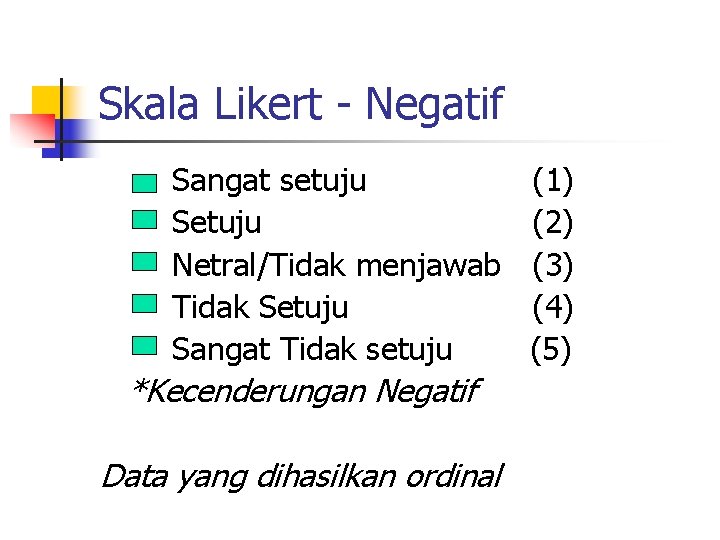 Skala Likert - Negatif Sangat setuju Setuju Netral/Tidak menjawab Tidak Setuju Sangat Tidak setuju