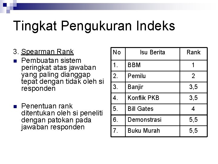 Tingkat Pengukuran Indeks 3. Spearman Rank n Pembuatan sistem peringkat atas jawaban yang paling