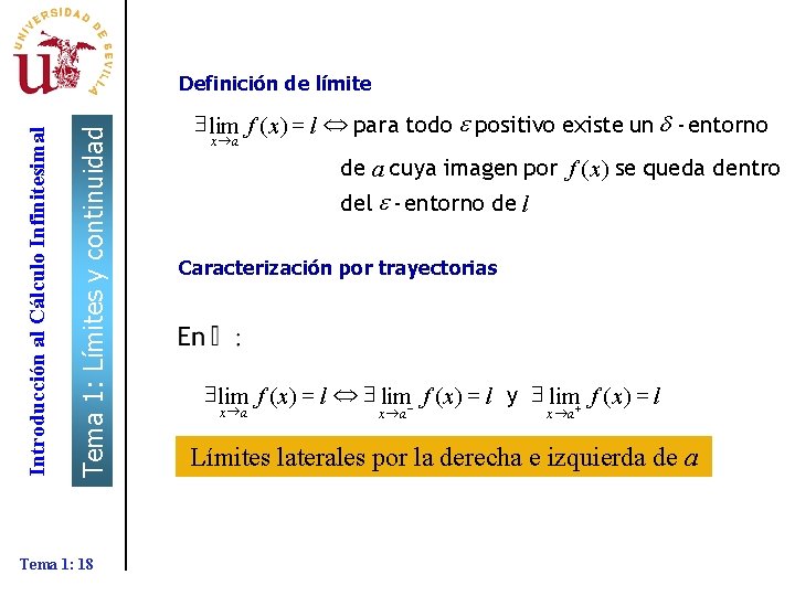 Tema 1: Límites y continuidad Introducción al Cálculo Infinitesimal Definición de límite Tema 1: