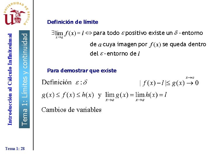 Tema 1: Límites y continuidad Introducción al Cálculo Infinitesimal Definición de límite Tema 1: