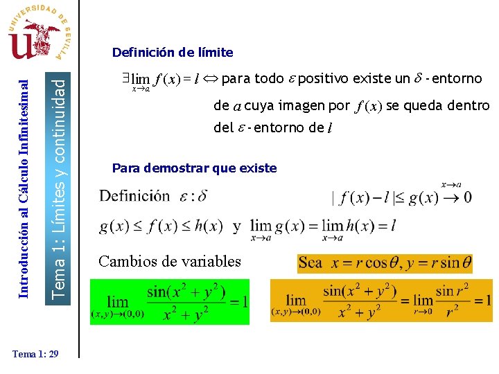 Tema 1: Límites y continuidad Introducción al Cálculo Infinitesimal Definición de límite Tema 1: