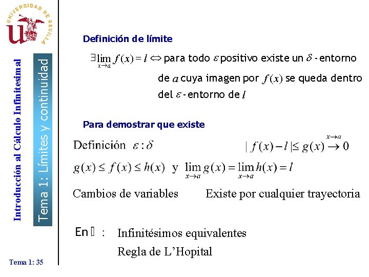 Tema 1: Límites y continuidad Introducción al Cálculo Infinitesimal Definición de límite $ lim