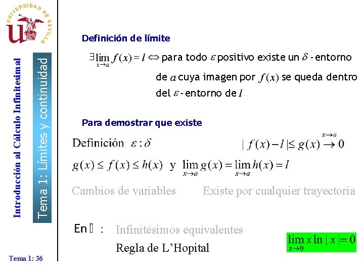 Tema 1: Límites y continuidad Introducción al Cálculo Infinitesimal Definición de límite $ lim