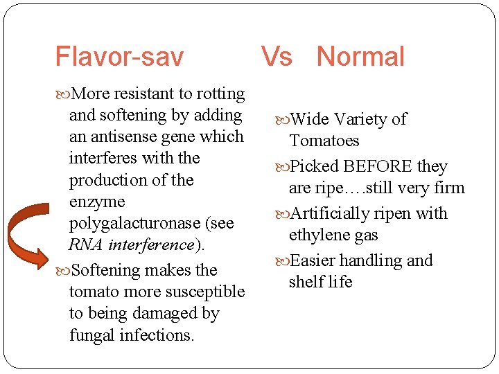 Flavor-sav Vs Normal More resistant to rotting and softening by adding an antisense gene