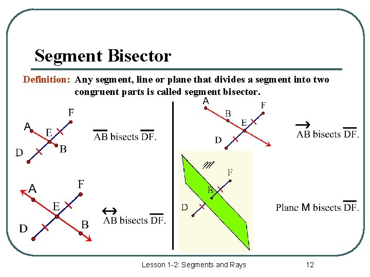 Segment Bisector Definition: Any segment, line or plane that divides a segment into two