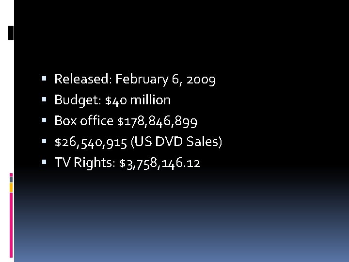  Released: February 6, 2009 Budget: $40 million Box office $178, 846, 899 $26,