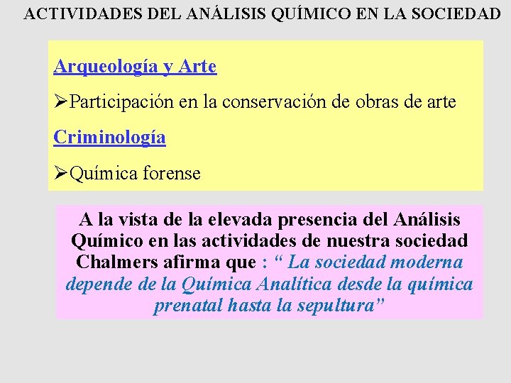 ACTIVIDADES DEL ANÁLISIS QUÍMICO EN LA SOCIEDAD Arqueología y Arte ØParticipación en la conservación ACTIVIDADES DEL ANÁLISIS QUÍMICO EN LA SOCIEDAD Arqueología y Arte ØParticipación en la conservación