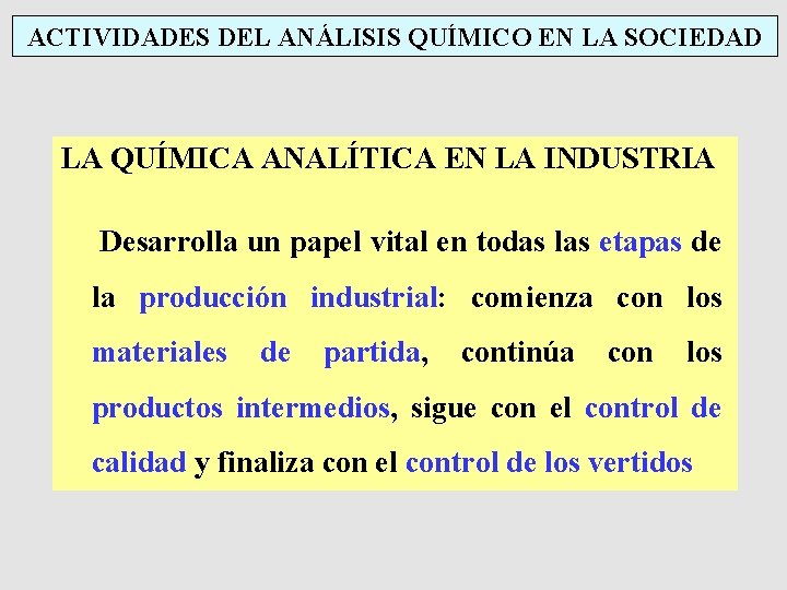 ACTIVIDADES DEL ANÁLISIS QUÍMICO EN LA SOCIEDAD LA QUÍMICA ANALÍTICA EN LA INDUSTRIA Desarrolla ACTIVIDADES DEL ANÁLISIS QUÍMICO EN LA SOCIEDAD LA QUÍMICA ANALÍTICA EN LA INDUSTRIA Desarrolla