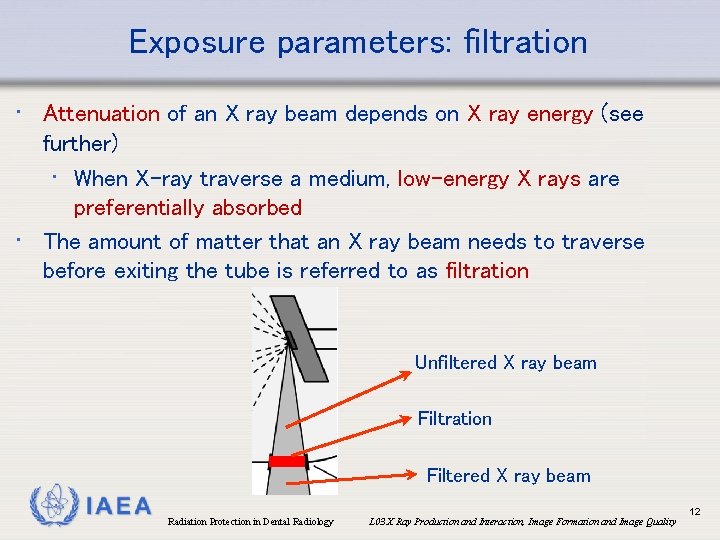 Exposure parameters: filtration • Attenuation of an X ray beam depends on X ray