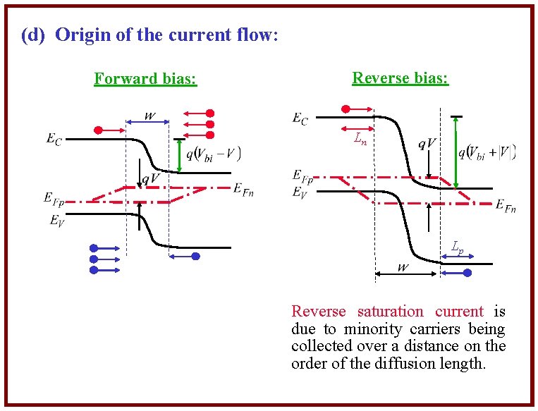 (d) Origin of the current flow: Forward bias: Reverse bias: Ln Lp Reverse saturation
