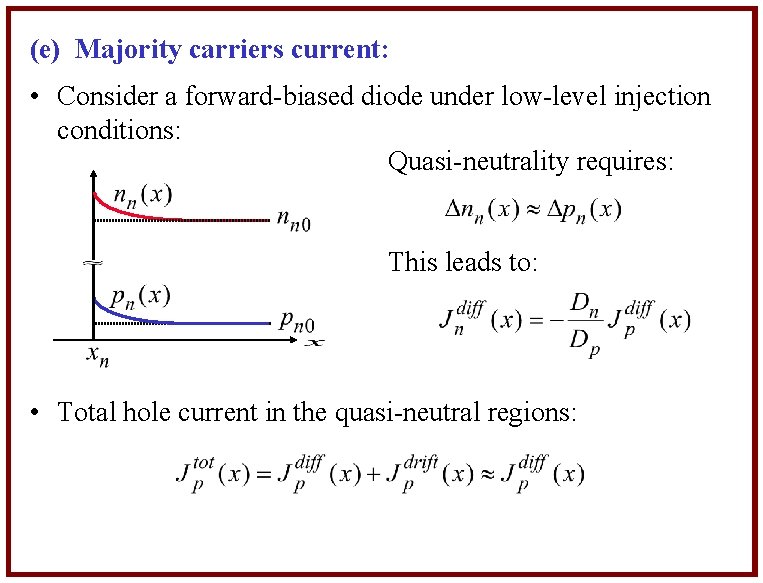 (e) Majority carriers current: • Consider a forward-biased diode under low-level injection conditions: Quasi-neutrality