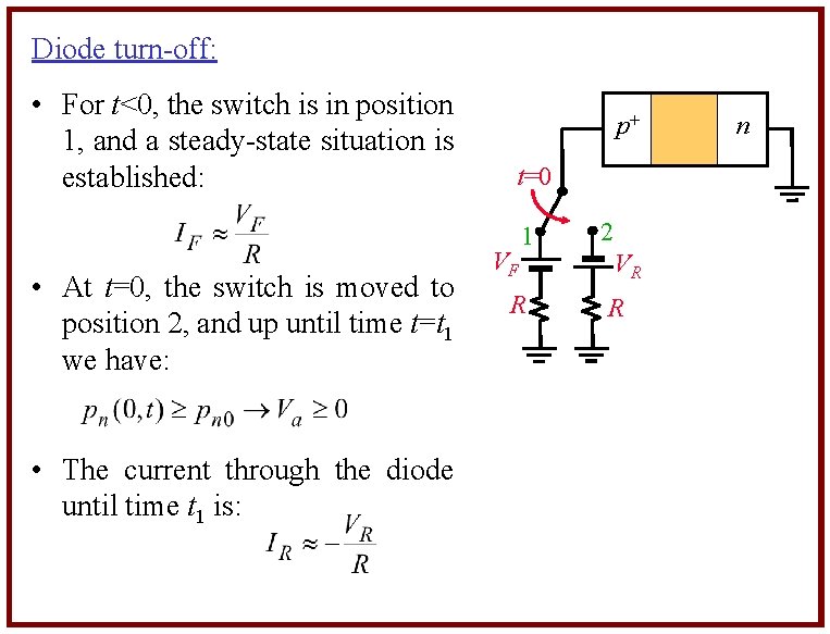 Diode turn-off: • For t<0, the switch is in position 1, and a steady-state