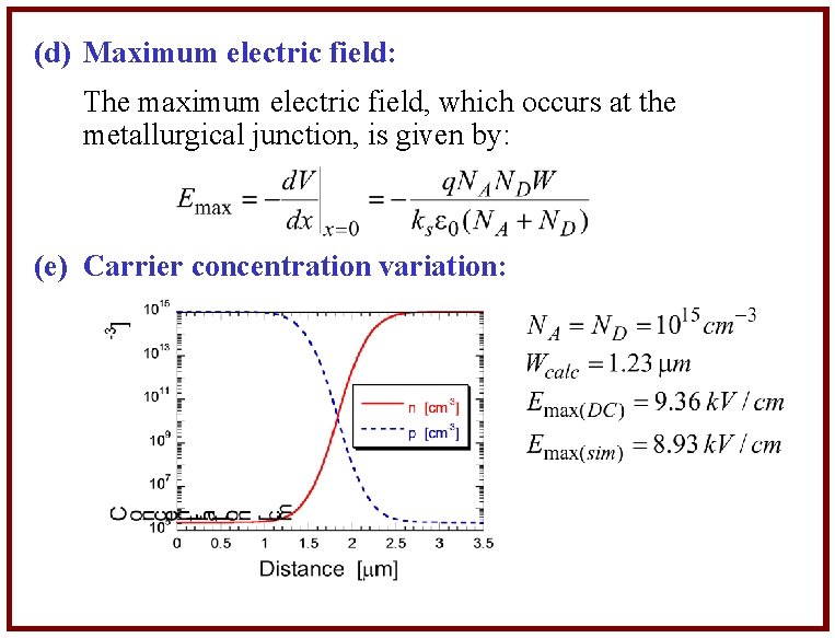 (d) Maximum electric field: The maximum electric field, which occurs at the metallurgical junction,