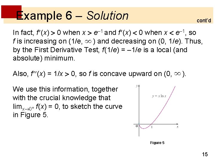 Example 6 – Solution cont’d In fact, f (x) 0 when x e– 1 Example 6 – Solution cont’d In fact, f (x) 0 when x e– 1
