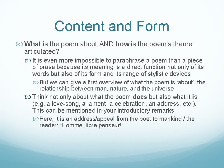 Content and Form What is the poem about AND how is the poem’s theme Content and Form What is the poem about AND how is the poem’s theme