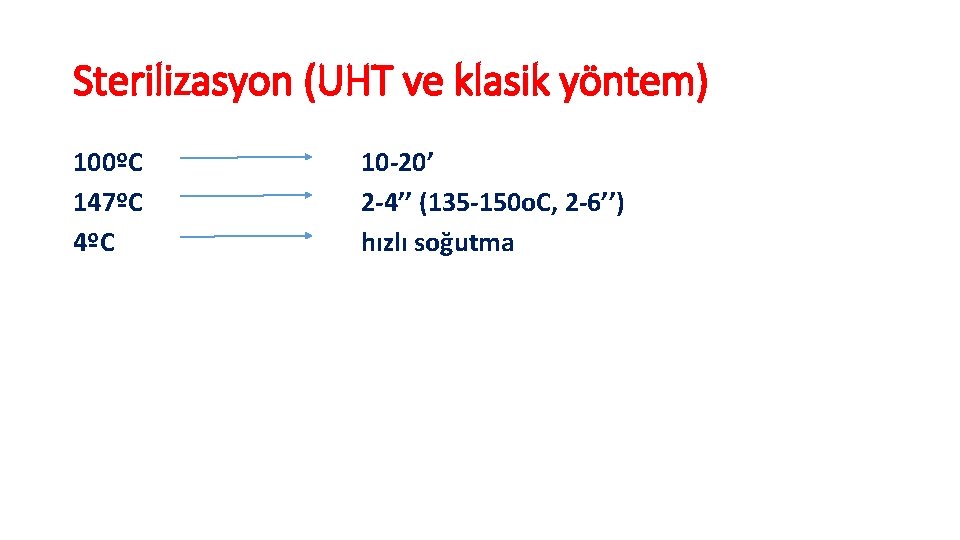 Sterilizasyon (UHT ve klasik yöntem) 100ºC 147ºC 4ºC 10 -20’ 2 -4’’ (135 -150