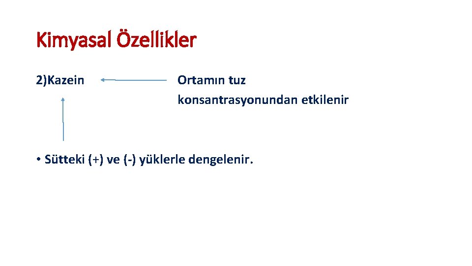 Kimyasal Özellikler 2)Kazein Ortamın tuz konsantrasyonundan etkilenir • Sütteki (+) ve (-) yüklerle dengelenir.