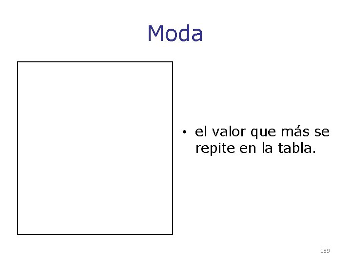 Moda • el valor que más se repite en la tabla. 139 Moda • el valor que más se repite en la tabla. 139