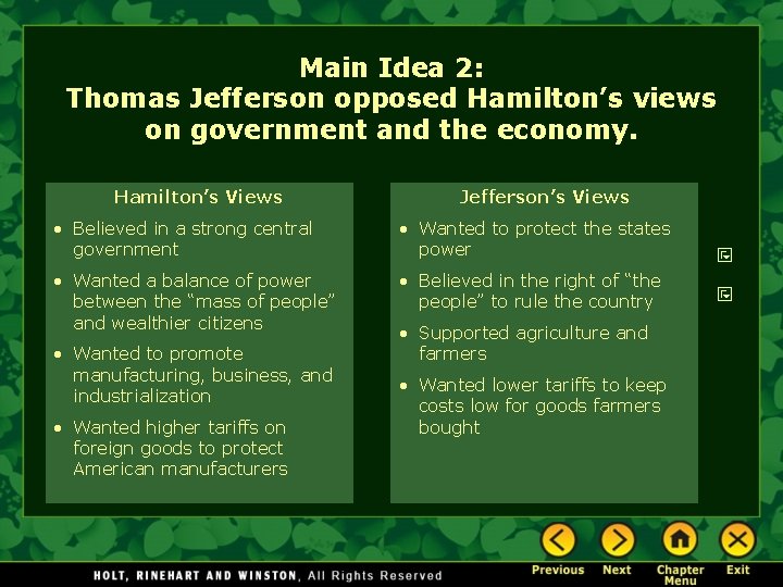 Main Idea 2: Thomas Jefferson opposed Hamilton’s views on government and the economy. Hamilton’s