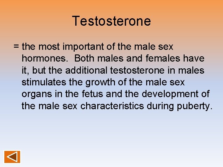 Testosterone = the most important of the male sex hormones. Both males and females