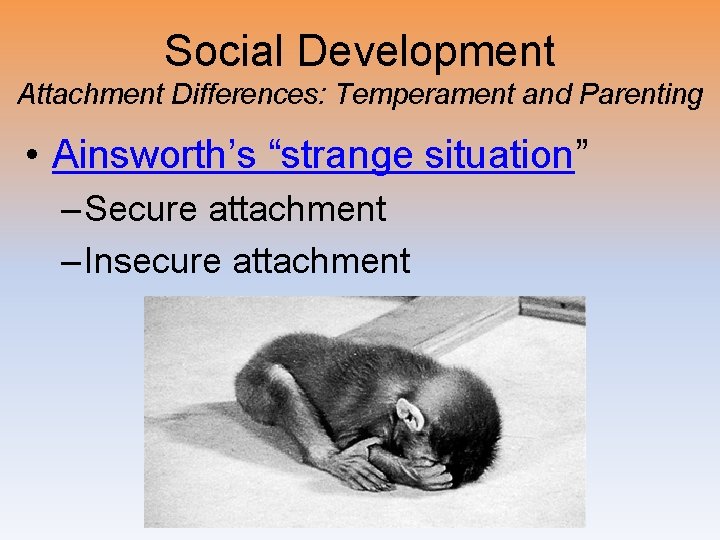 Social Development Attachment Differences: Temperament and Parenting • Ainsworth’s “strange situation” – Secure attachment