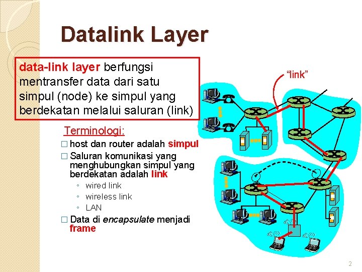 Datalink Layer data-link layer berfungsi mentransfer data dari satu simpul (node) ke simpul yang