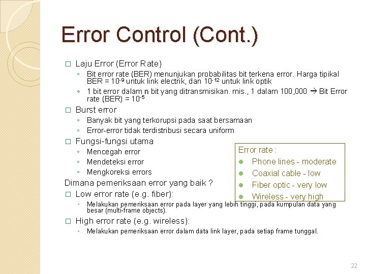 Error Control (Cont. ) � Laju Error (Error Rate) ◦ Bit error rate (BER)