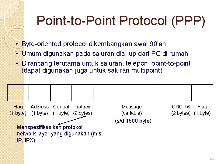 Point-to-Point Protocol (PPP) • Byte-oriented protocol dikembangkan awal 90’an • Umum digunakan pada saluran