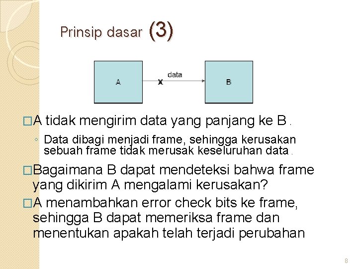 Prinsip dasar (3) �A tidak mengirim data yang panjang ke B. ◦ Data dibagi