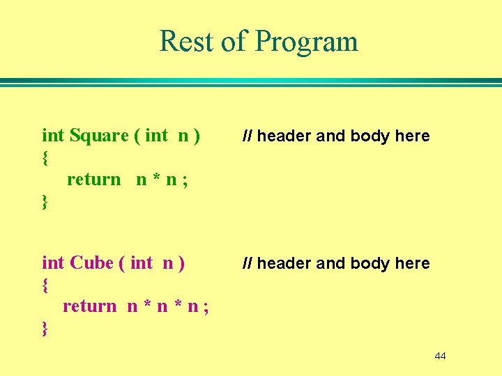 Rest of Program int Square ( int n ) // header and body here