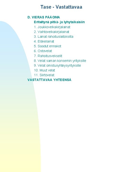 Tase - Vastattavaa D. VIERAS PÄÄOMA Eriteltynä pitkä- ja lyhytaikaisiin 1. Joukkovelkakirjalainat 2. Vaihtovelkakirjalainat