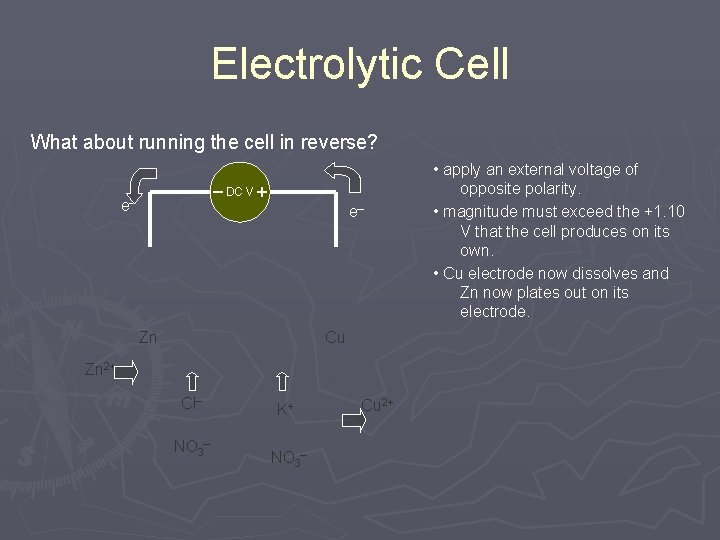 Electrolytic Cell What about running the cell in reverse? – DC V + e– Electrolytic Cell What about running the cell in reverse? – DC V + e–