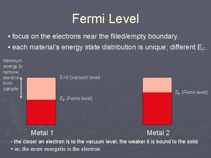 Fermi Level • focus on the electrons near the filled/empty boundary. • each material’s Fermi Level • focus on the electrons near the filled/empty boundary. • each material’s