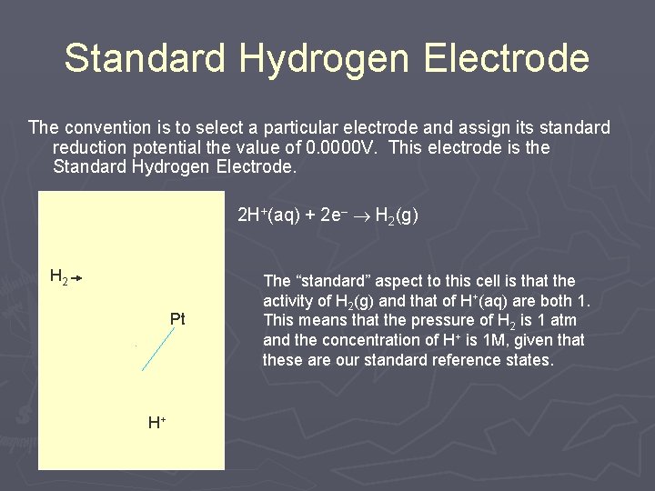 Standard Hydrogen Electrode The convention is to select a particular electrode and assign its Standard Hydrogen Electrode The convention is to select a particular electrode and assign its