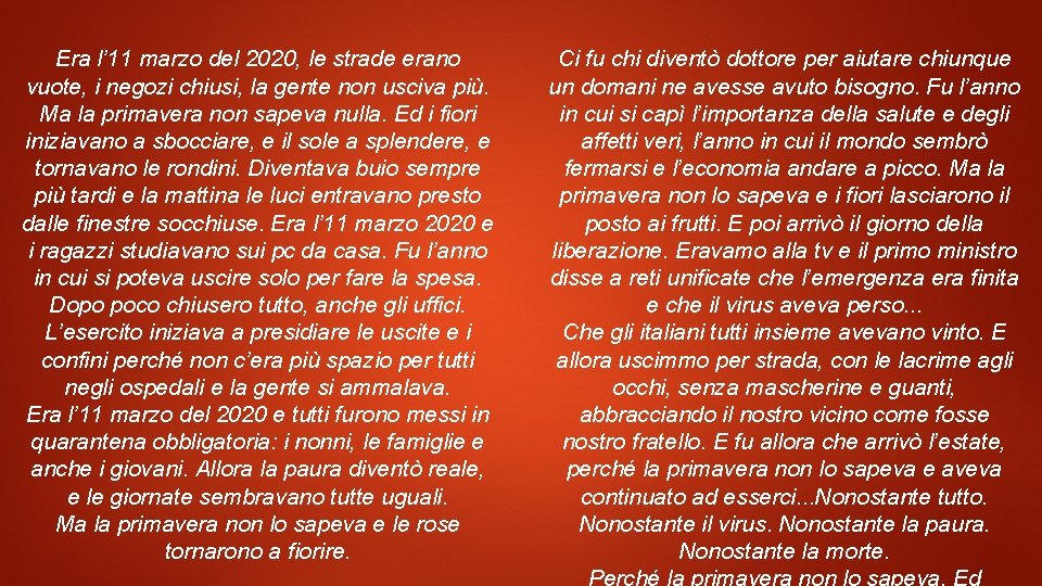 Era l’ 11 marzo del 2020, le strade erano vuote, i negozi chiusi, la