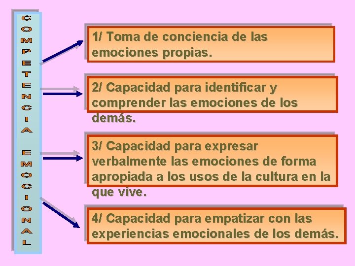 1/ Toma de conciencia de las emociones propias. 2/ Capacidad para identificar y comprender