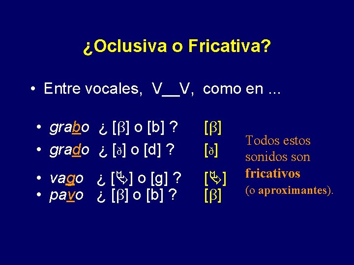 ¿Oclusiva o Fricativa? • Entre vocales, V__V, como en. . . • grabo ¿