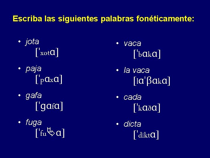 Escriba las siguientes palabras fonéticamente: • jota [ˈxotɑ] • paja [ˈpɑxɑ] • gafa [ˈɡɑfɑ]