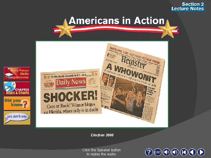 Election 2000 Click the Speaker button to replay the audio. Election 2000 Click the Speaker button to replay the audio.