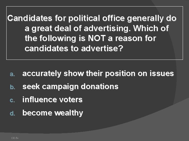Candidates for political office generally do a great deal of advertising. Which of the Candidates for political office generally do a great deal of advertising. Which of the