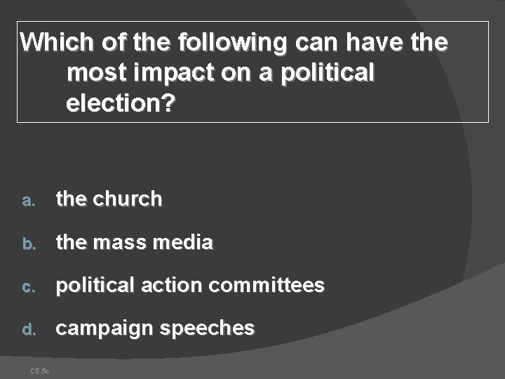 Which of the following can have the most impact on a political election? a. Which of the following can have the most impact on a political election? a.