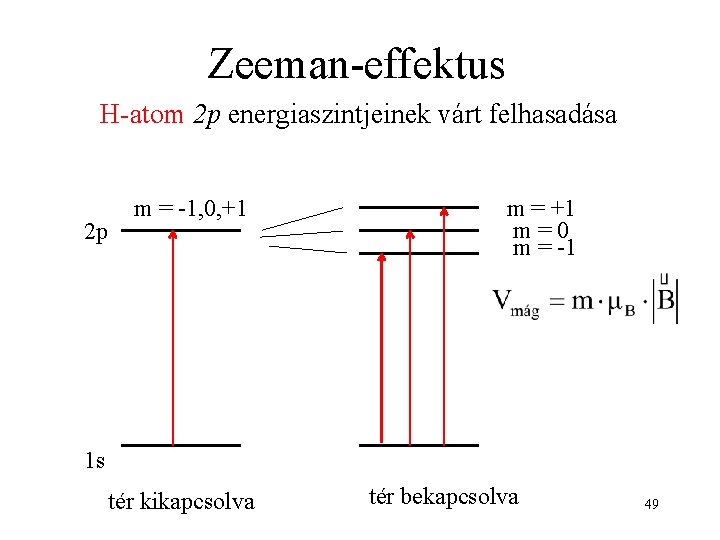 Zeeman-effektus H-atom 2 p energiaszintjeinek várt felhasadása 2 p m = -1, 0, +1