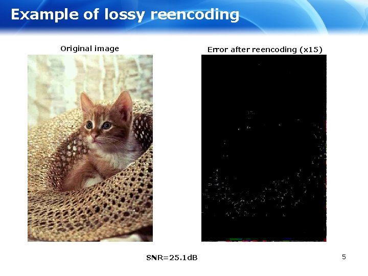 Example of lossy reencoding Original image Error after reencoding (x 15) SNR=25. 1 d.