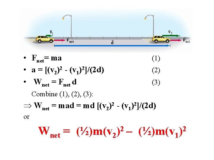  • Fnet= ma • a = [(v 2)2 - (v 1)2]/(2 d) •