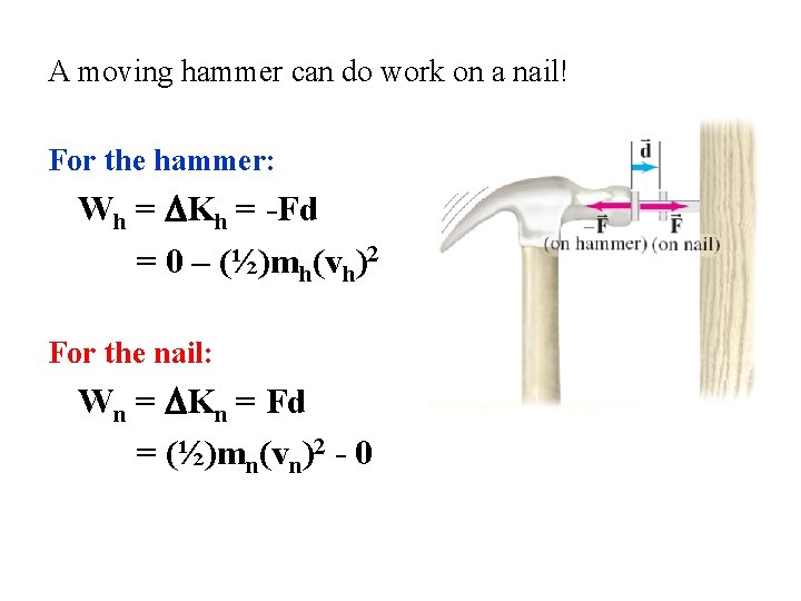 A moving hammer can do work on a nail! For the hammer: Wh =