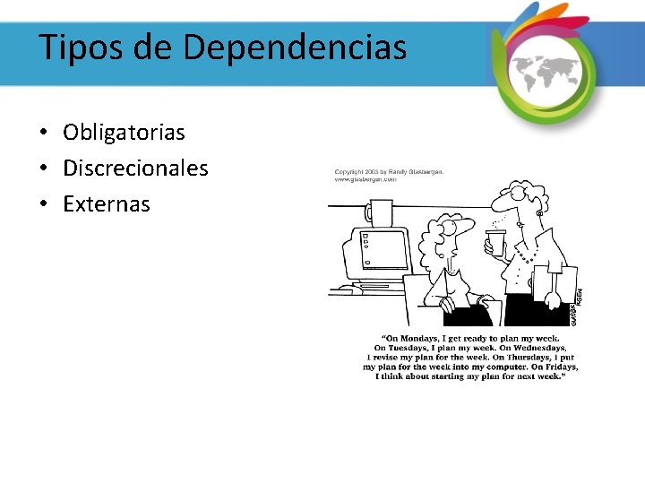 Tipos de Dependencias • Obligatorias • Discrecionales • Externas 