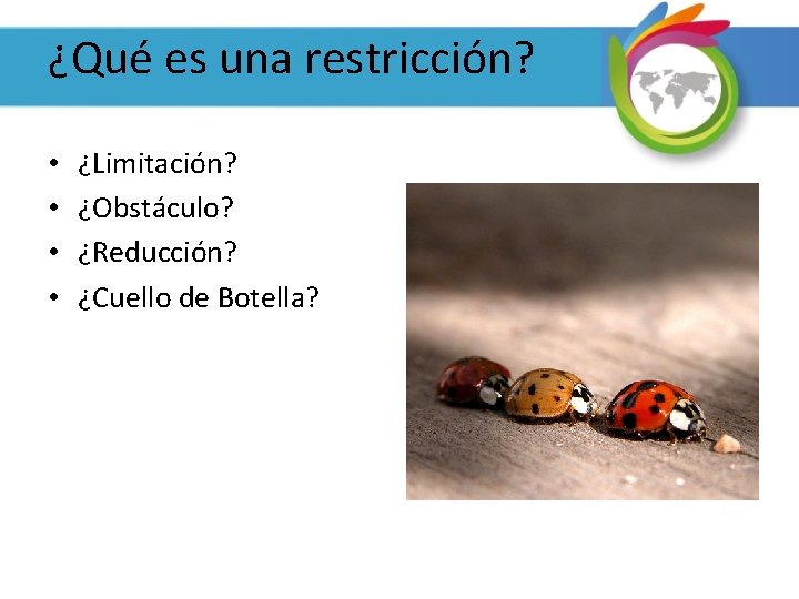 ¿Qué es una restricción? • • ¿Limitación? ¿Obstáculo? ¿Reducción? ¿Cuello de Botella? 