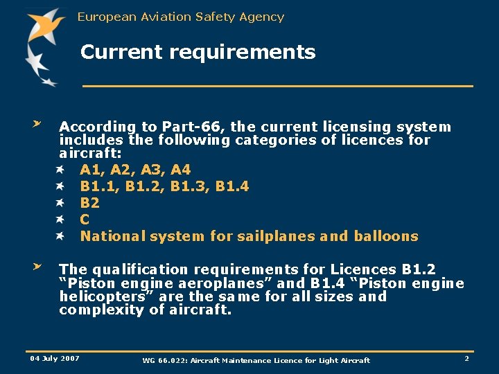 European Aviation Safety Agency Current requirements According to Part-66, the current licensing system includes