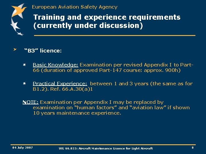 European Aviation Safety Agency Training and experience requirements (currently under discussion) “B 3” licence: