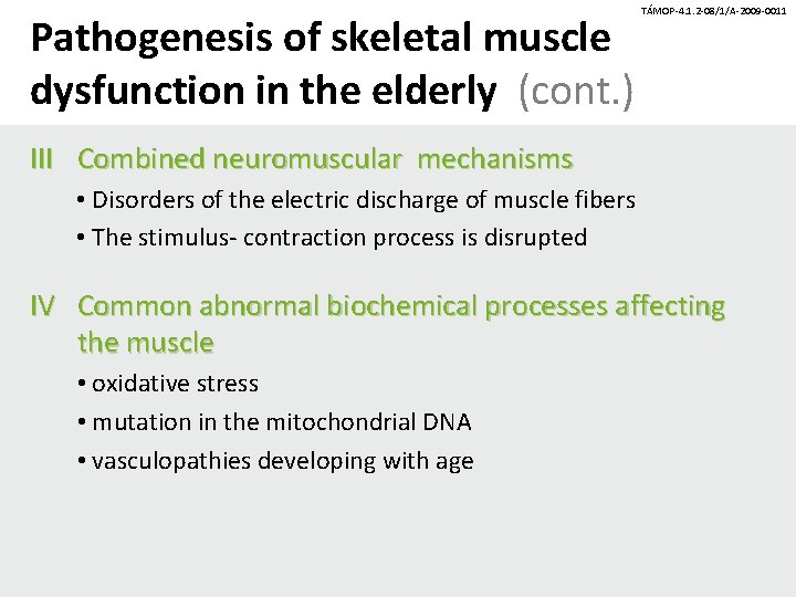 Pathogenesis of skeletal muscle dysfunction in the elderly (cont. ) TÁMOP-4. 1. 2 -08/1/A-2009